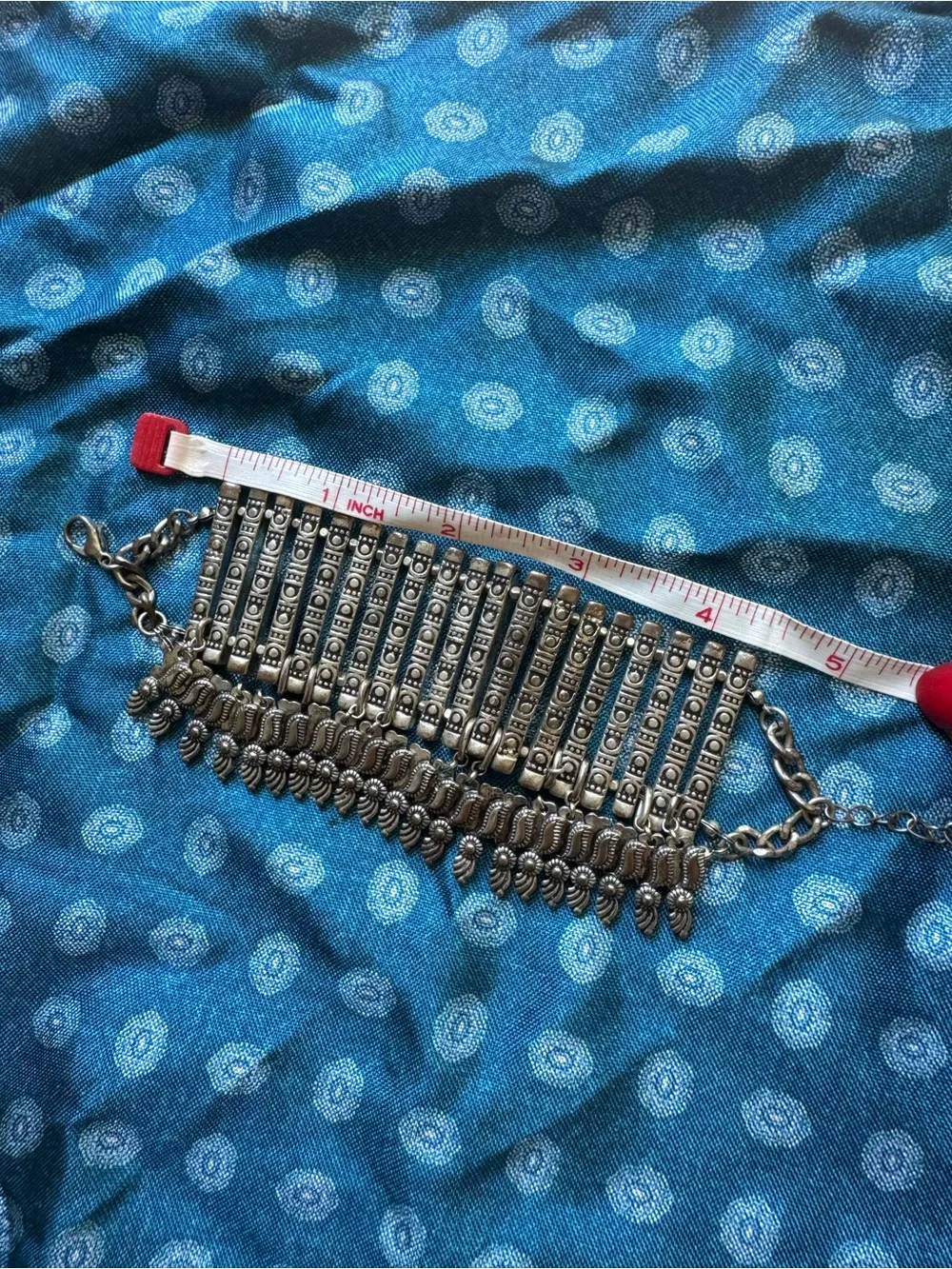 Ornate Silver Tone Wide Cuff Bracelet Boho Tribal Statement Fringe